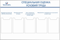 Стенд «Специальная оценка условий труда», 5 карманов А4 (1200х800; Пластик ПВХ 4 мм, алюминиевый профиль; )